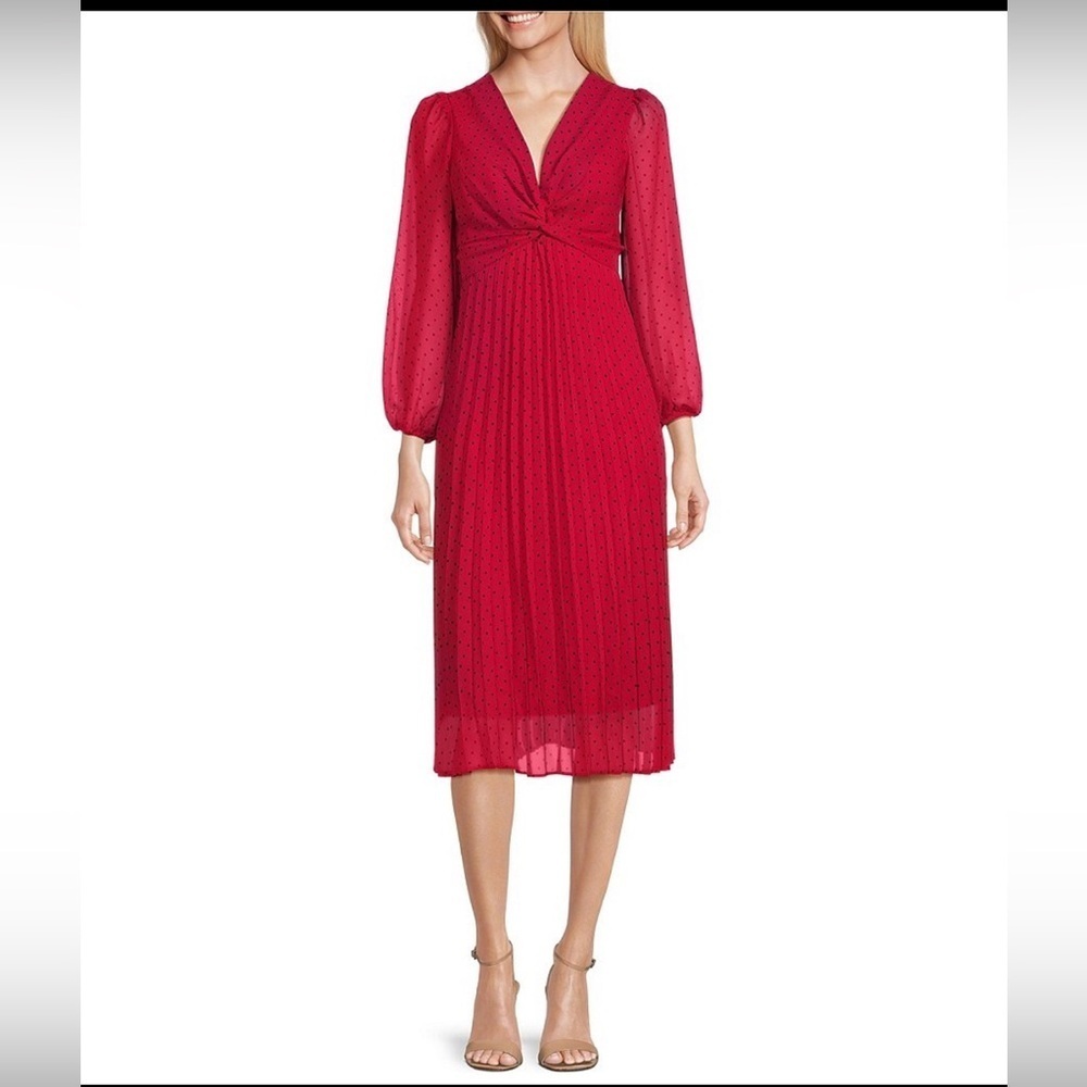 GABBY SKYE polka dot long sleeve pleated chiffon cottagore midi dress/size 10